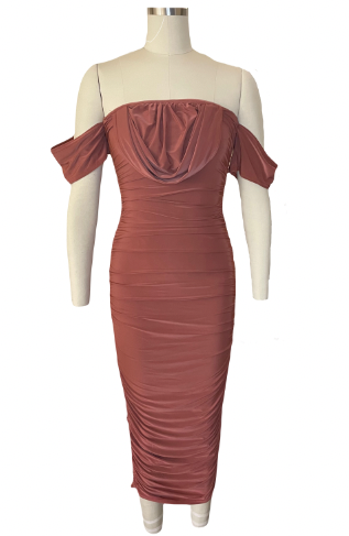 Rust Ruched Cowl  Dress